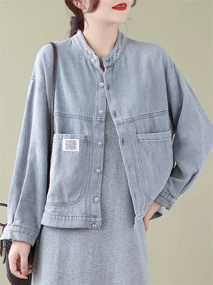 Vintage-Jeansjacke für Damen mit Stehkragen, kurzem Schnitt und großer Tasche