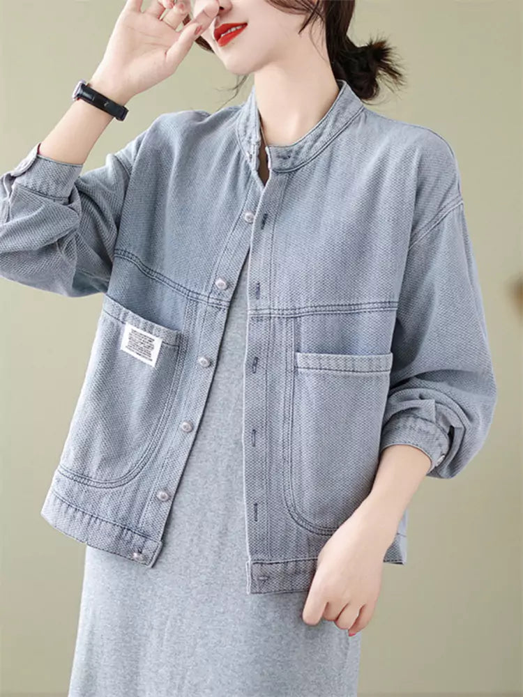 Women's Vintage Stand Collar Cropped Denim Jacket Big Pocket