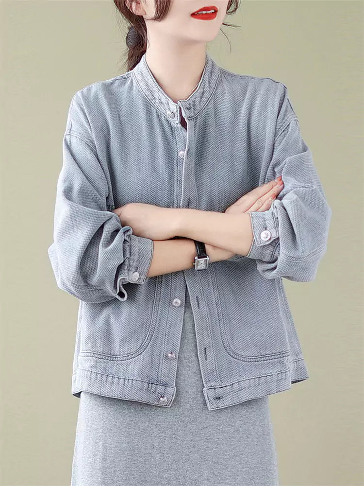 Women's Vintage Stand Collar Cropped Denim Jacket Big Pocket