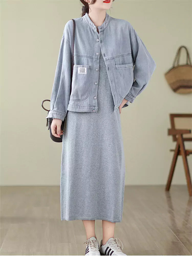 Women's Vintage Stand Collar Cropped Denim Jacket Big Pocket