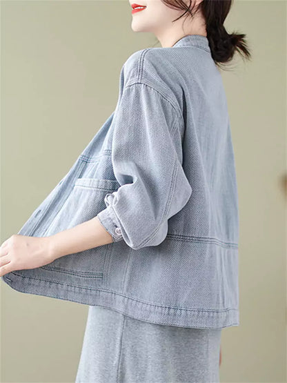 Vintage-Jeansjacke für Damen mit Stehkragen, kurzem Schnitt und großer Tasche