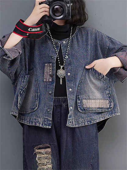 Damen-Jeansjacke, gewaschen, locker geschnitten, große Tasche, lässig, kurz geschnitten