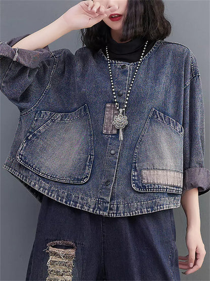 Damen-Jeansjacke, gewaschen, locker geschnitten, große Tasche, lässig, kurz geschnitten
