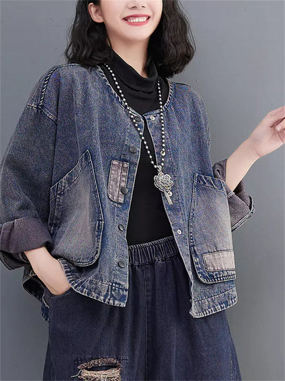 Damen-Jeansjacke, gewaschen, locker geschnitten, große Tasche, lässig, kurz geschnitten