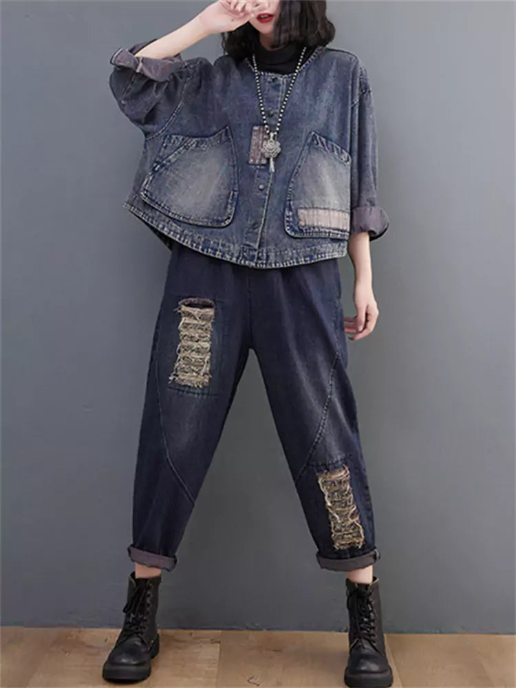 Women's Washed Loose Fit Big Pocket Casual Denim Cropped Jacket