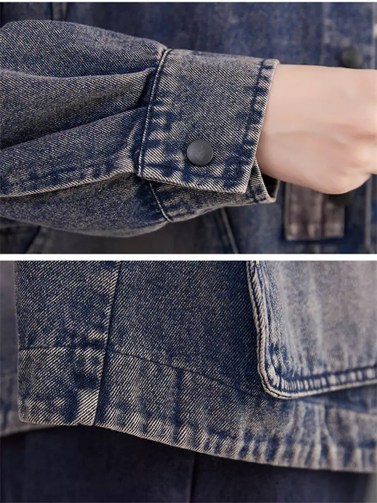 Women's Washed Loose Fit Big Pocket Casual Denim Cropped Jacket
