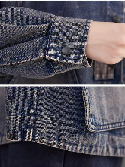 Damen-Jeansjacke, gewaschen, locker geschnitten, große Tasche, lässig, kurz geschnitten