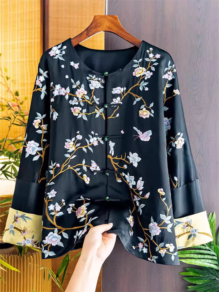 Women's Short Coat with Floral and Butterfly Embroidery