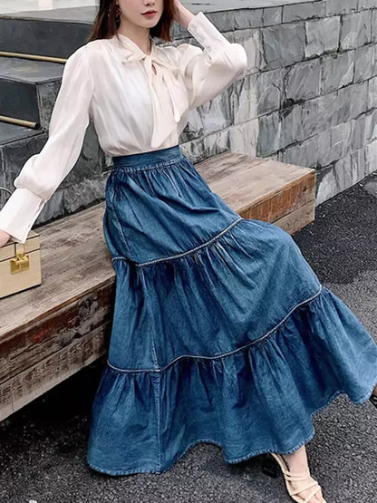 Women's Blue A-Line Denim High Waist Tiered Maxi Skirt