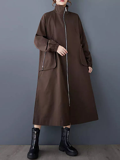  Workwear Style Trench Coat with Zipper and Large Pockets
