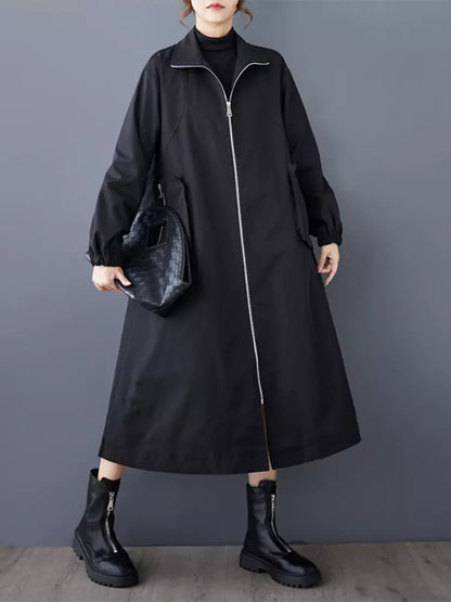  Workwear Style Trench Coat with Zipper and Large Pockets