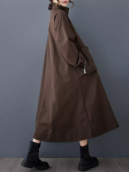  Workwear Style Trench Coat with Zipper and Large Pockets