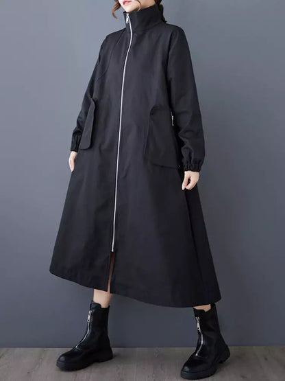 Workwear Style Trench Coat with Zipper and Large Pockets
