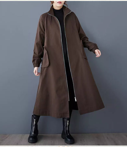  Workwear Style Trench Coat with Zipper and Large Pockets