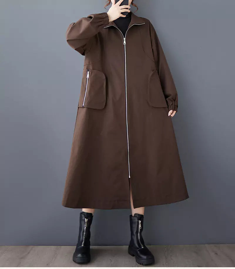  Workwear Style Trench Coat with Zipper and Large Pockets