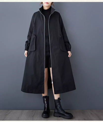  Workwear Style Trench Coat with Zipper and Large Pockets