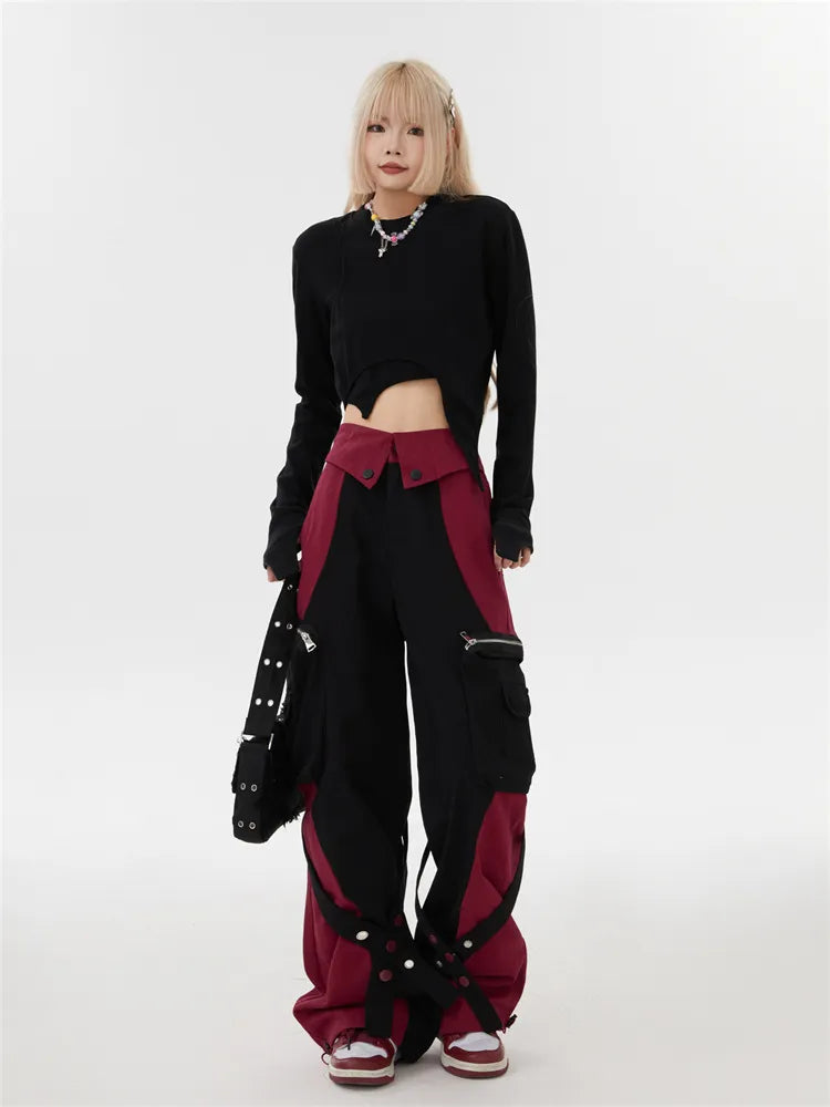 Y2K Color Block Fold Over Waist Cargo Pants