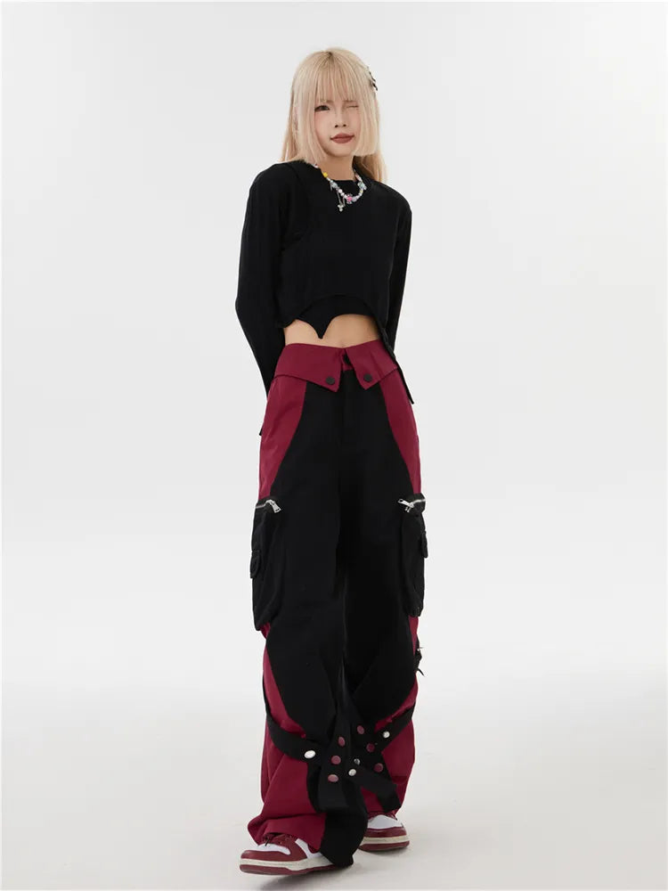 Y2K Color Block Fold Over Waist Cargo Pants