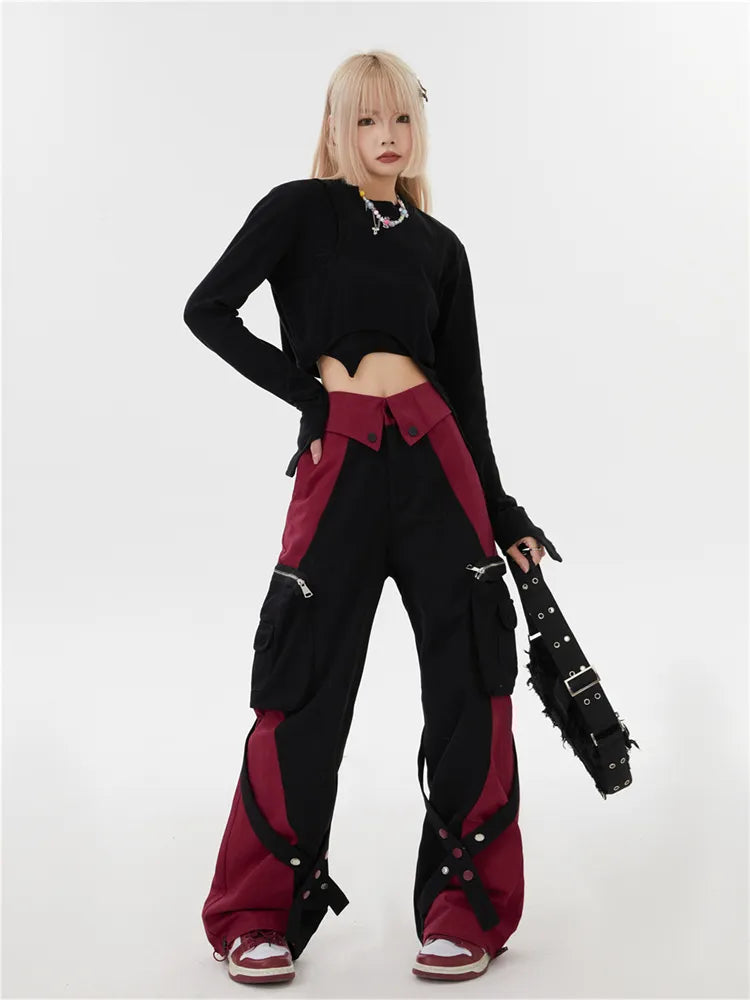 Y2K Color Block Fold Over Waist Cargo Pants