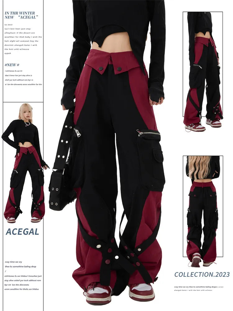 Y2K Color Block Fold Over Waist Cargo Pants