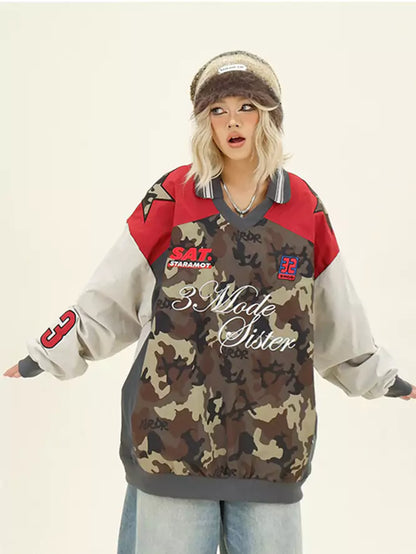 Y2K Oversized Colorblock Camo V-Neck Sweatshirt