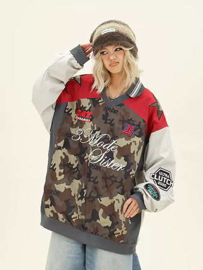 Y2K Oversized Colorblock Camo V-Neck Sweatshirt