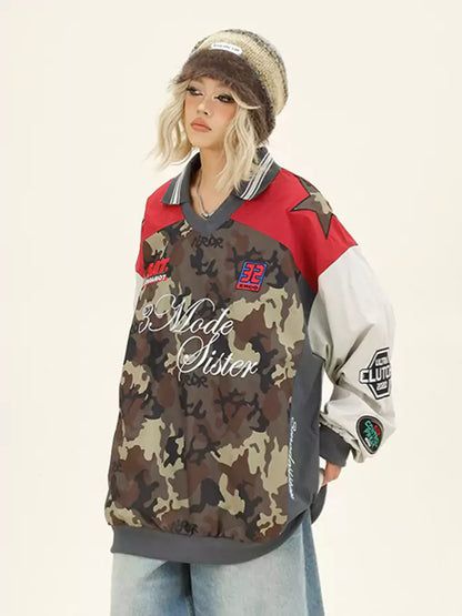 Y2K Oversized Colorblock Camo V-Neck Sweatshirt