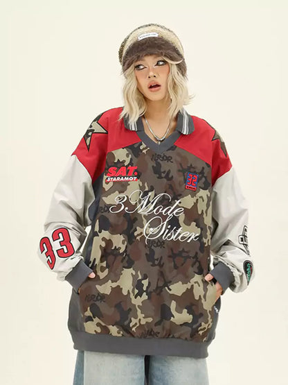 Y2K Oversized Colorblock Camo V-Neck Sweatshirt