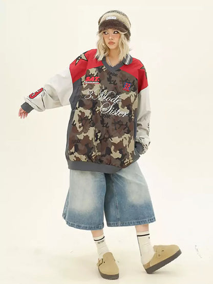 Y2K Oversized Colorblock Camo V-Neck Sweatshirt