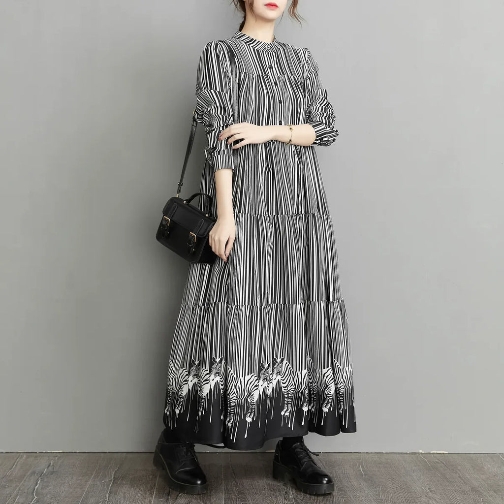 Zebra Print Hem Tiered Maxi Dress Stand Collar Button Down