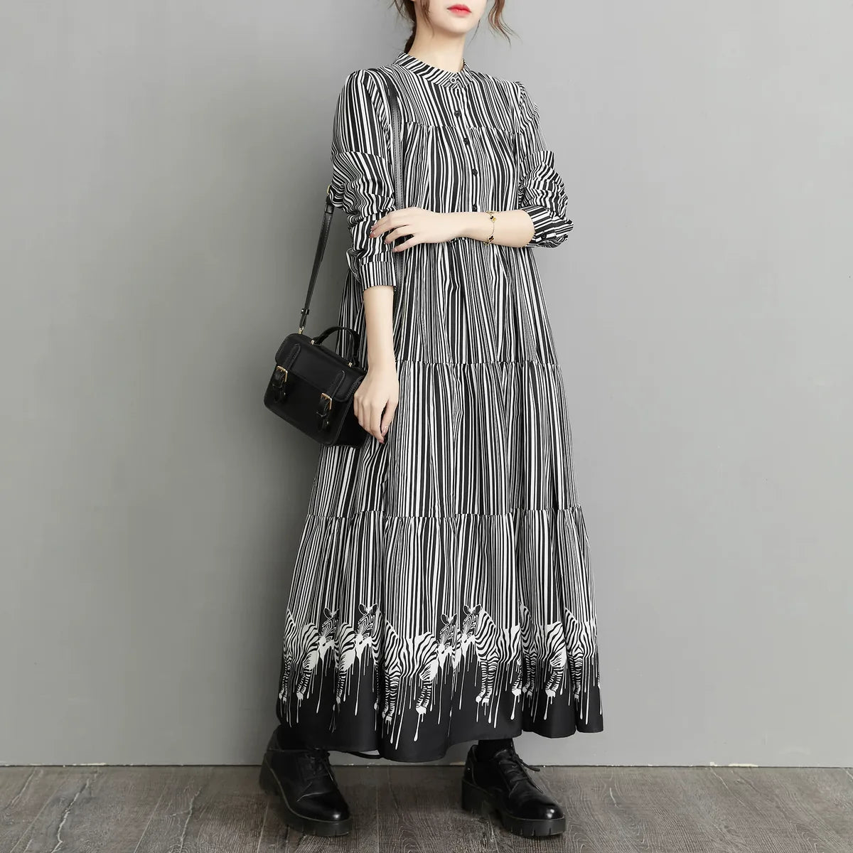 Zebra Print Hem Tiered Maxi Dress Stand Collar Button Down
