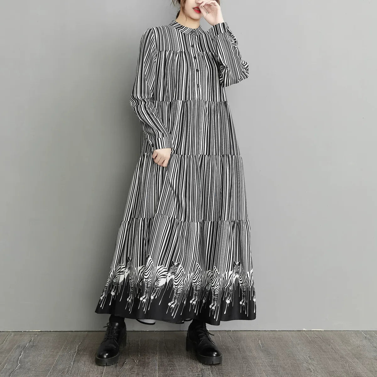 Zebra Print Hem Tiered Maxi Dress Stand Collar Button Down