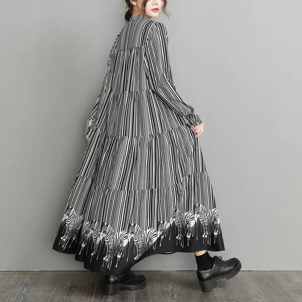 Zebra Print Hem Tiered Maxi Dress Stand Collar Button Down