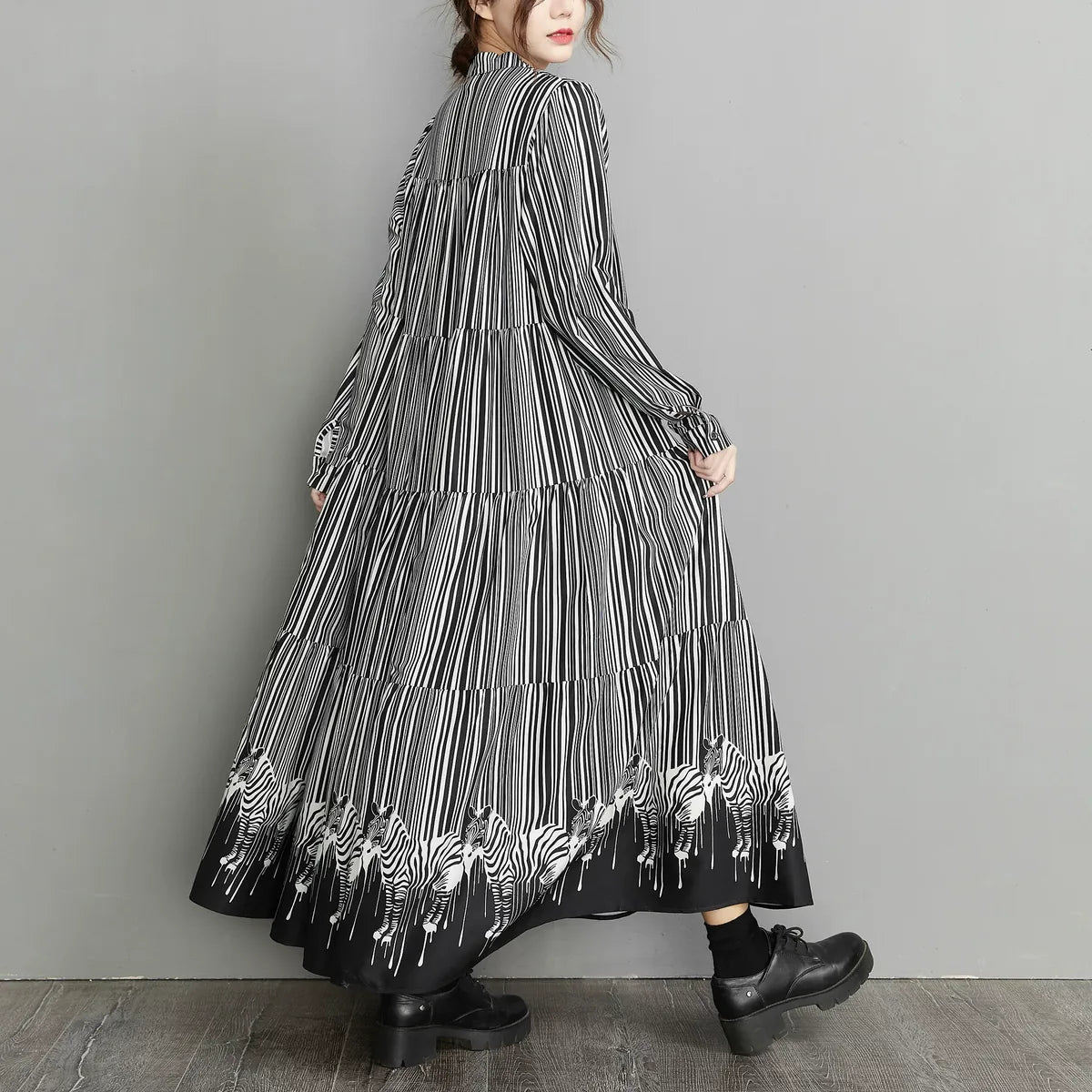 Zebra Print Hem Tiered Maxi Dress Stand Collar Button Down