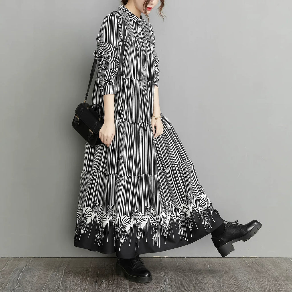 Zebra Print Hem Tiered Maxi Dress Stand Collar Button Down