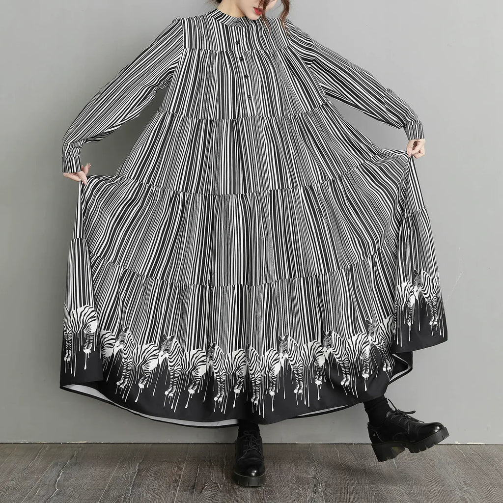 Zebra Print Hem Tiered Maxi Dress Stand Collar Button Down