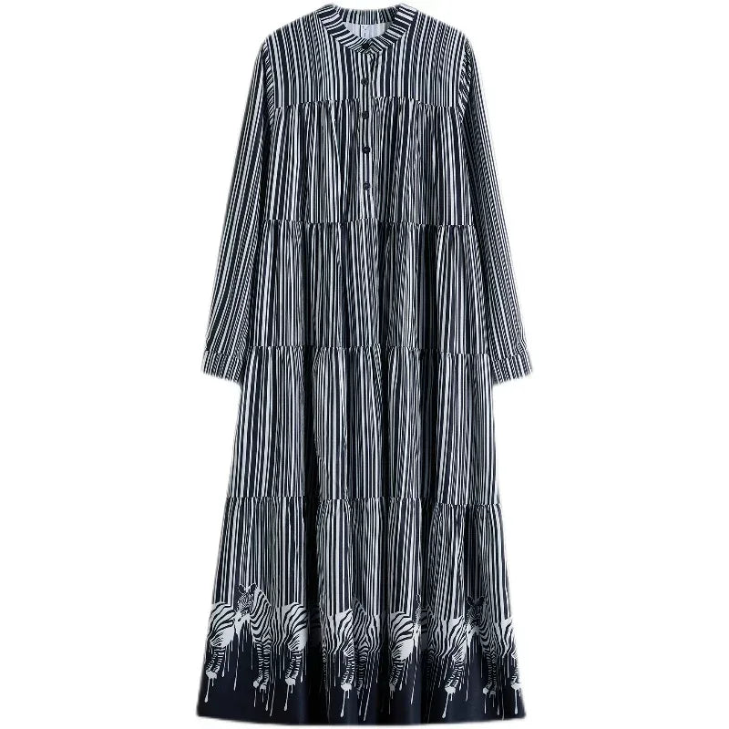 Zebra Print Hem Tiered Maxi Dress Stand Collar Button Down