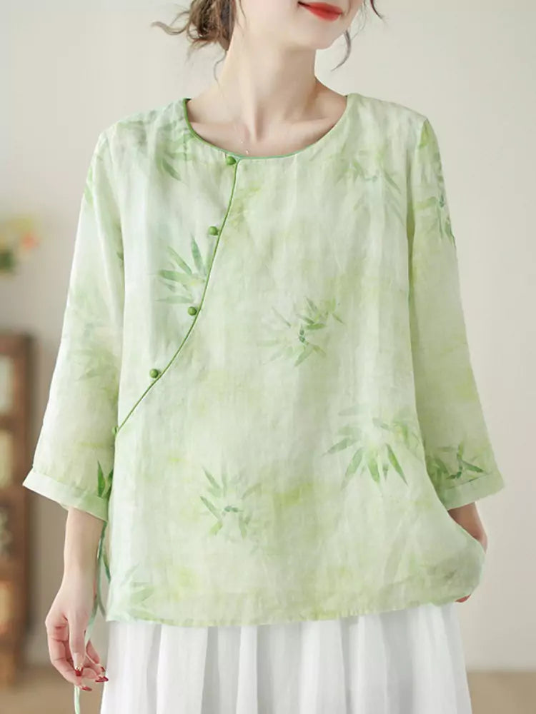 Zen-Inspired Chinese Cross-Tie Green Embroidered Ramie Blouse