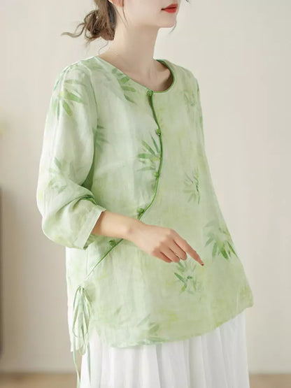 Zen-Inspired Chinese Cross-Tie Green Embroidered Ramie Blouse
