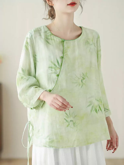 Zen-Inspired Chinese Cross-Tie Green Embroidered Ramie Blouse
