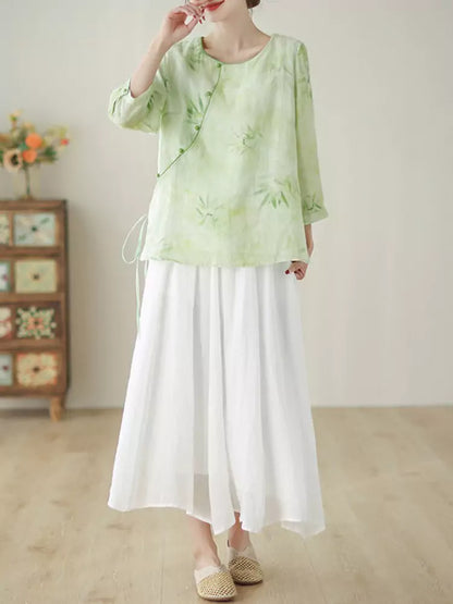 Zen-Inspired Chinese Cross-Tie Green Embroidered Ramie Blouse