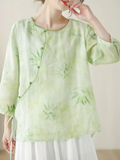 Zen-Inspired Chinese Cross-Tie Green Embroidered Ramie Blouse